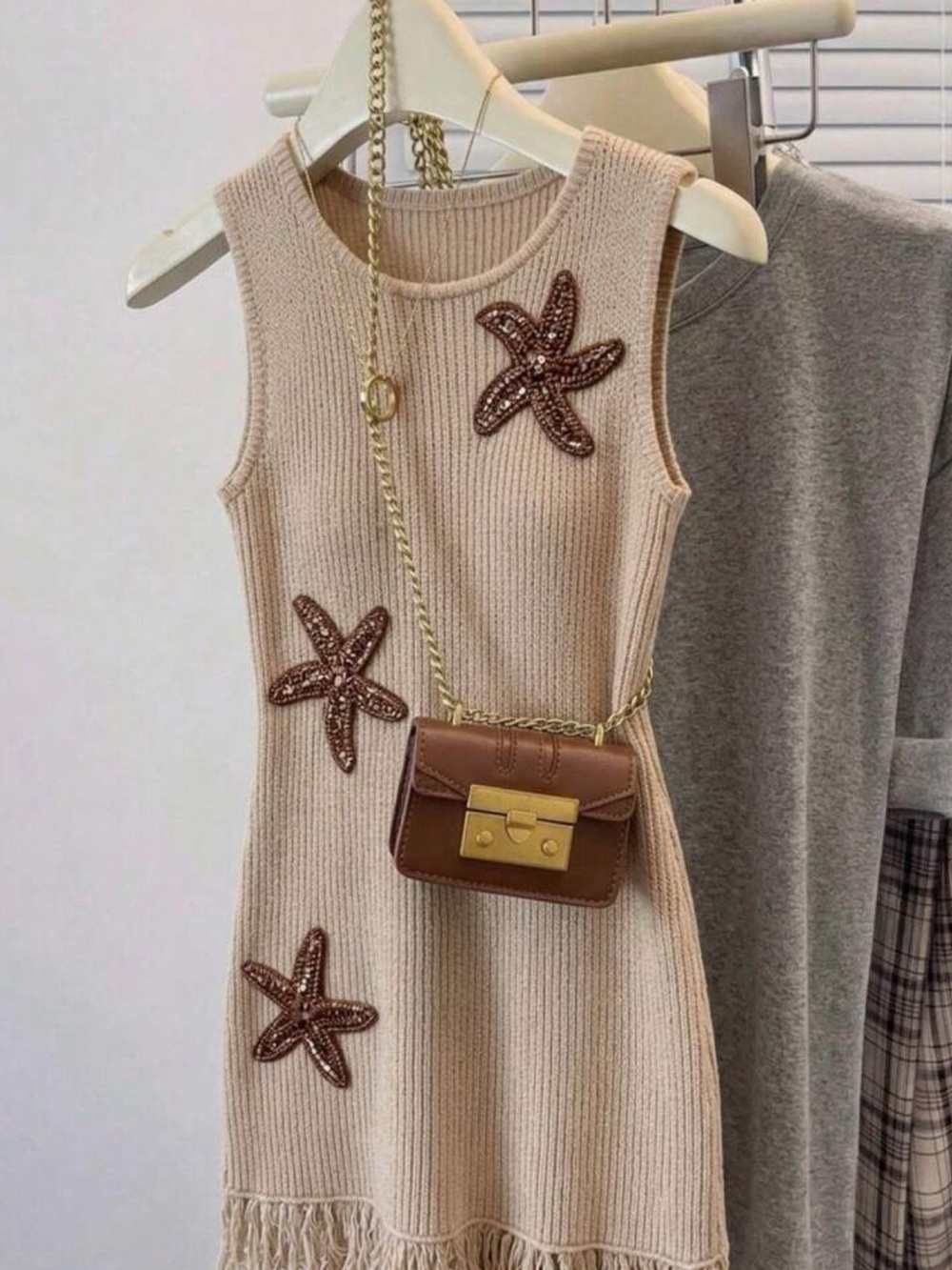 Women's Fashionable Beach Dress With Knitted Starfish And Shiny Tassel